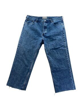 Everlane Relaxed Straight Jeans Size 32 Blue Denim Button Fly 23" Inseam Raw Hem